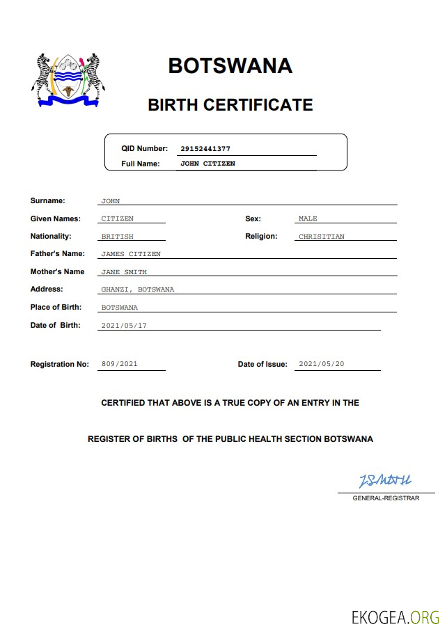 Modèle Word et PDF d'acte de naissance du Botswana